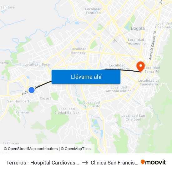 Terreros - Hospital Cardiovascular (Lado Sur) to Clínica San Francisco De Asis map