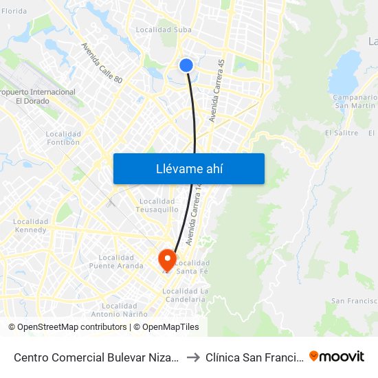 Centro Comercial Bulevar Niza (Ac 127 - Av. Suba) to Clínica San Francisco De Asis map