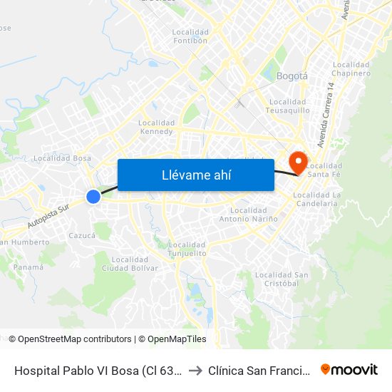 Hospital Pablo VI Bosa (Cl 63 Sur - Kr 77g) (A) to Clínica San Francisco De Asis map