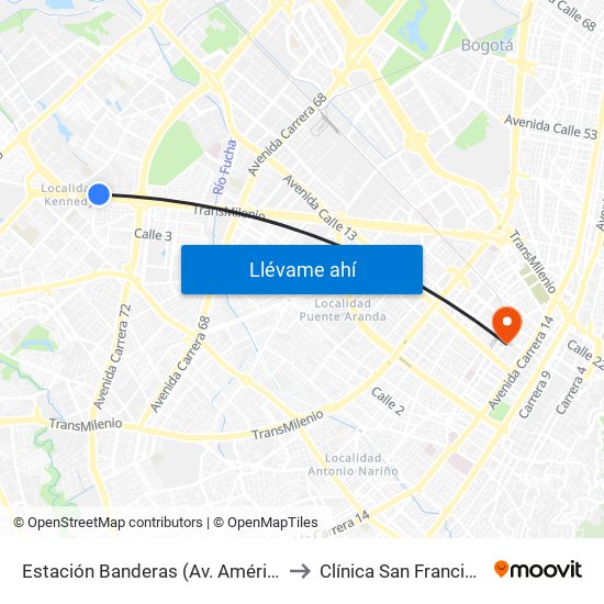 Estación Banderas (Av. Américas - Kr 78a) (A) to Clínica San Francisco De Asis map