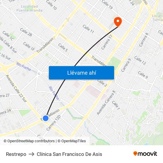 Restrepo to Clínica San Francisco De Asis map