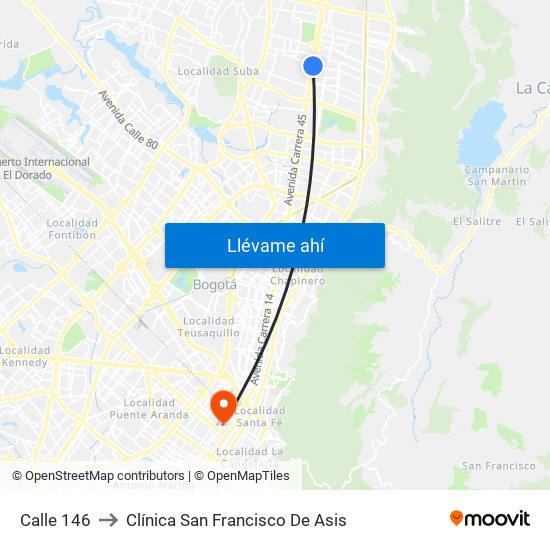 Calle 146 to Clínica San Francisco De Asis map