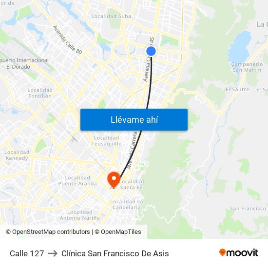 Calle 127 to Clínica San Francisco De Asis map