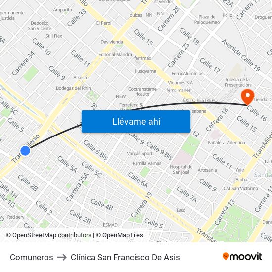 Comuneros to Clínica San Francisco De Asis map