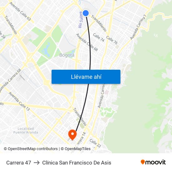 Carrera 47 to Clínica San Francisco De Asis map