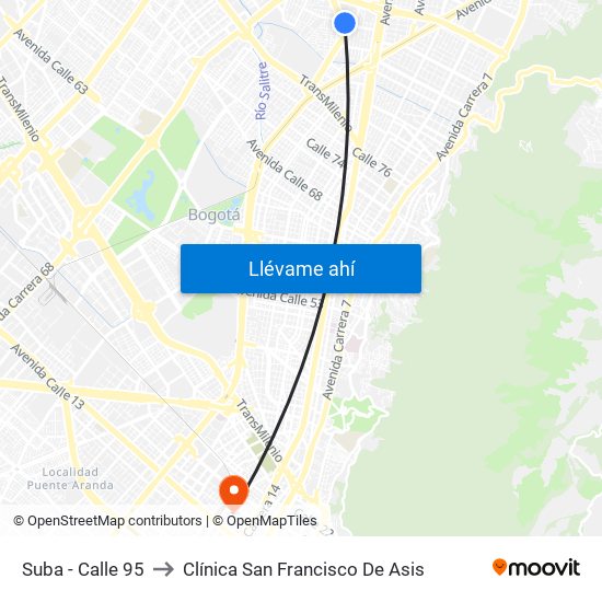 Suba - Calle 95 to Clínica San Francisco De Asis map