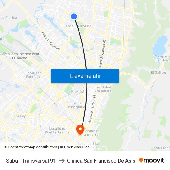 Suba - Transversal 91 to Clínica San Francisco De Asis map