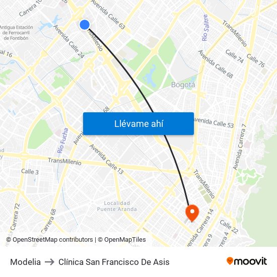 Modelia to Clínica San Francisco De Asis map