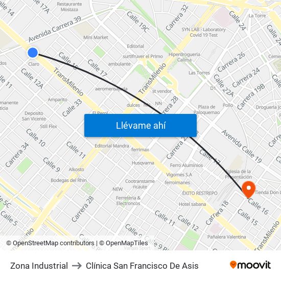 Zona Industrial to Clínica San Francisco De Asis map