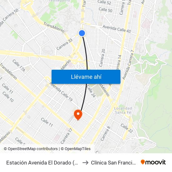 Estación Avenida El Dorado (Av. NQS - Cl 40a) to Clínica San Francisco De Asis map