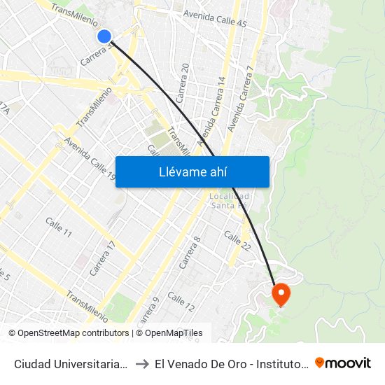 Ciudad Universitaria - Lotería De Bogotá to El Venado De Oro - Instituto Alexander Von Humboldt map