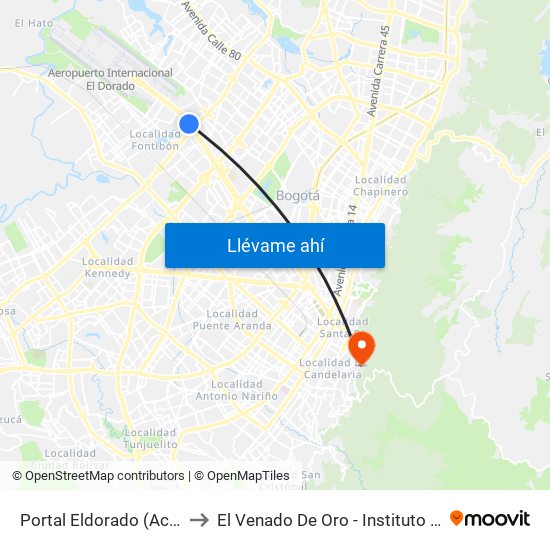 Portal Eldorado (Ac 26 - Av. C. De Cali) to El Venado De Oro - Instituto Alexander Von Humboldt map