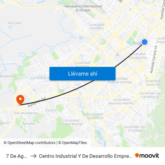 7 De Agosto to Centro Industrial Y De Desarrollo Empresarial (Sena) map