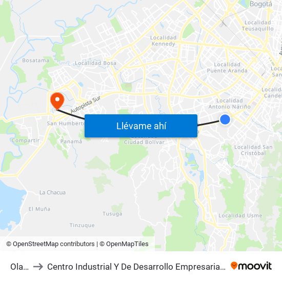 Olaya to Centro Industrial Y De Desarrollo Empresarial (Sena) map