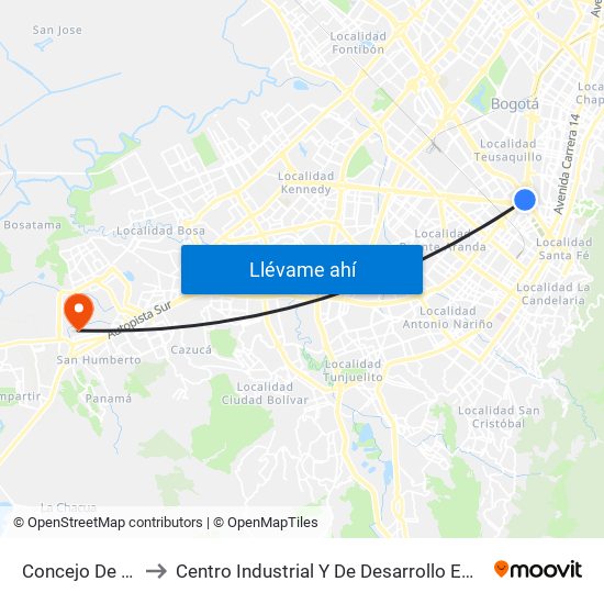 Concejo De Bogotá to Centro Industrial Y De Desarrollo Empresarial (Sena) map