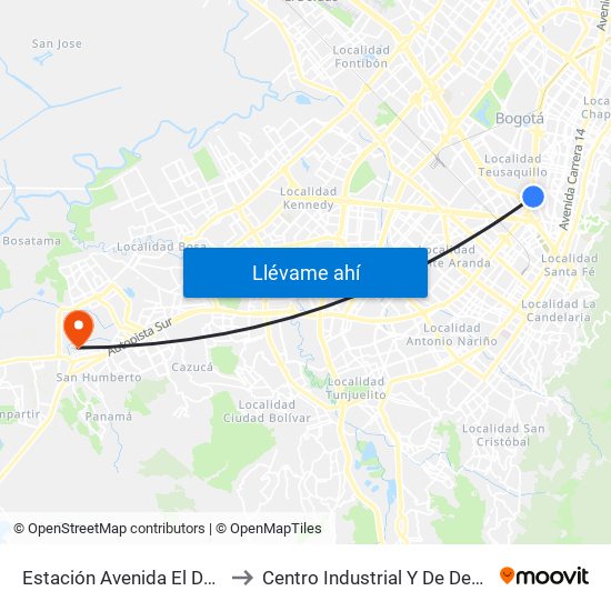 Estación Avenida El Dorado (Av. NQS - Cl 40a) to Centro Industrial Y De Desarrollo Empresarial (Sena) map