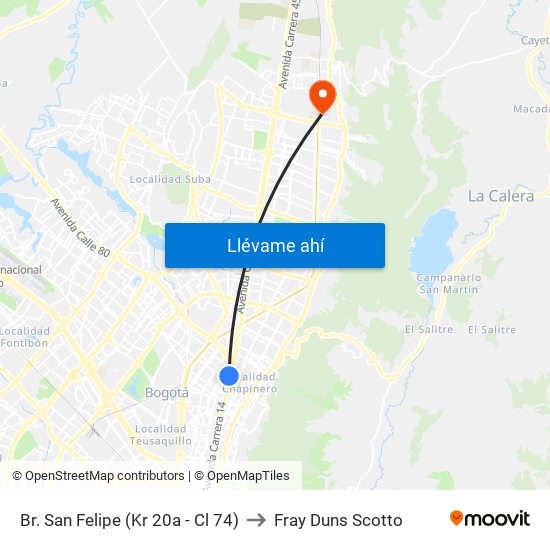 Br. San Felipe (Kr 20a - Cl 74) to Fray Duns Scotto map