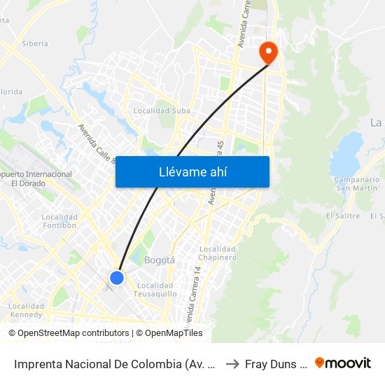 Imprenta Nacional De Colombia (Av. Esperanza - Kr 66) to Fray Duns Scotto map