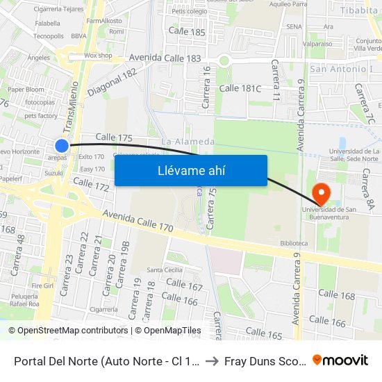 Portal Del Norte (Auto Norte - Cl 174a) to Fray Duns Scotto map