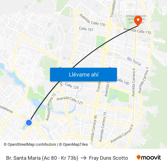 Br. Santa María (Ac 80 - Kr 73b) to Fray Duns Scotto map