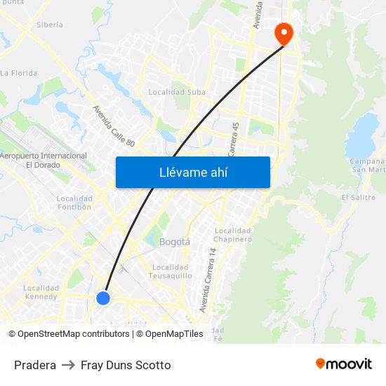 Pradera to Fray Duns Scotto map