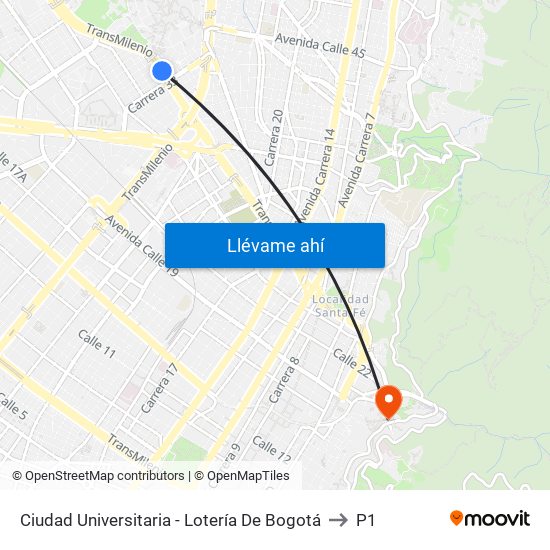 Ciudad Universitaria - Lotería De Bogotá to P1 map