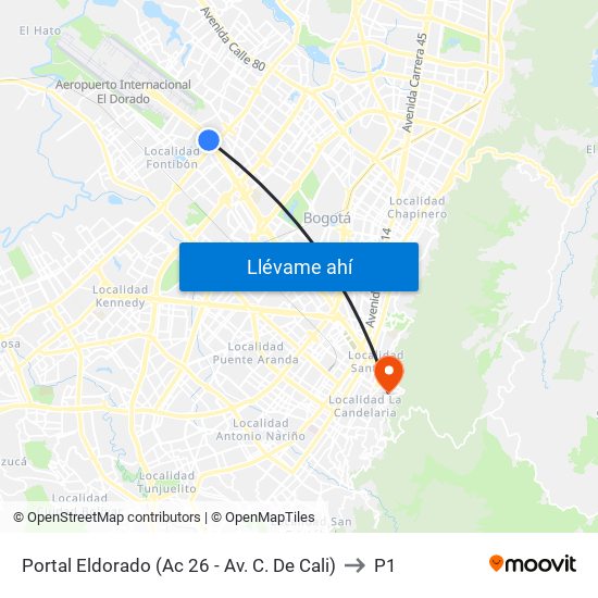 Portal Eldorado (Ac 26 - Av. C. De Cali) to P1 map