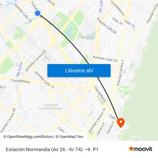 Estación Normandía (Ac 26 - Kr 74) to P1 map