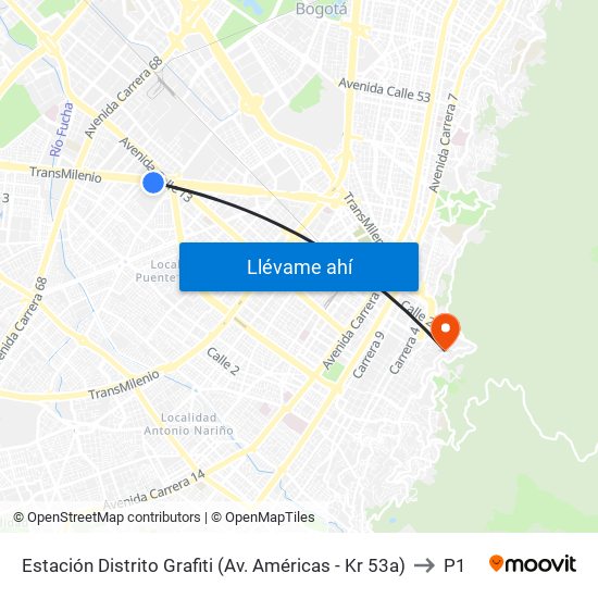 Estación Distrito Grafiti (Av. Américas - Kr 53a) to P1 map