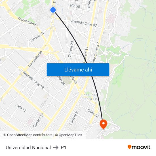 Universidad Nacional to P1 map