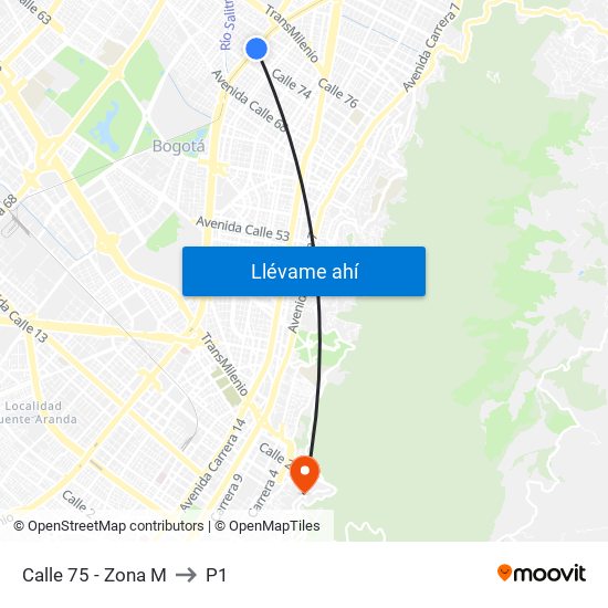 Calle 75 - Zona M to P1 map