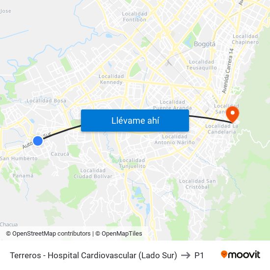 Terreros - Hospital Cardiovascular (Lado Sur) to P1 map