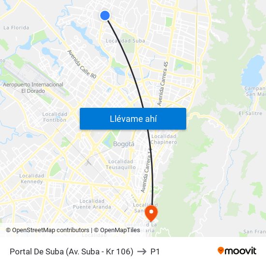 Portal De Suba (Av. Suba - Kr 106) to P1 map