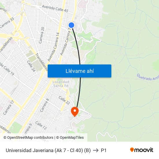 Universidad Javeriana (Ak 7 - Cl 40) (B) to P1 map
