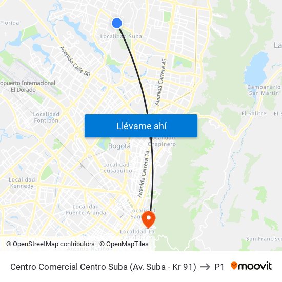 Centro Comercial Centro Suba (Av. Suba - Kr 91) to P1 map