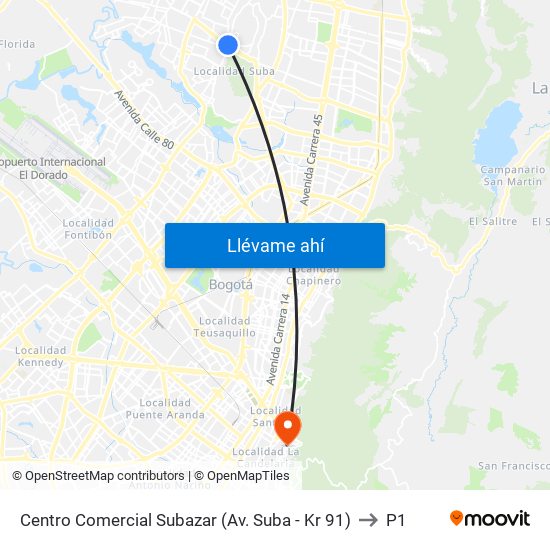 Centro Comercial Subazar (Av. Suba - Kr 91) to P1 map