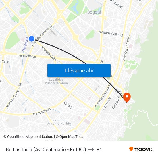 Br. Lusitania (Av. Centenario - Kr 68b) to P1 map