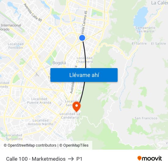 Calle 100 - Marketmedios to P1 map