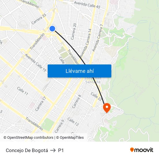 Concejo De Bogotá to P1 map