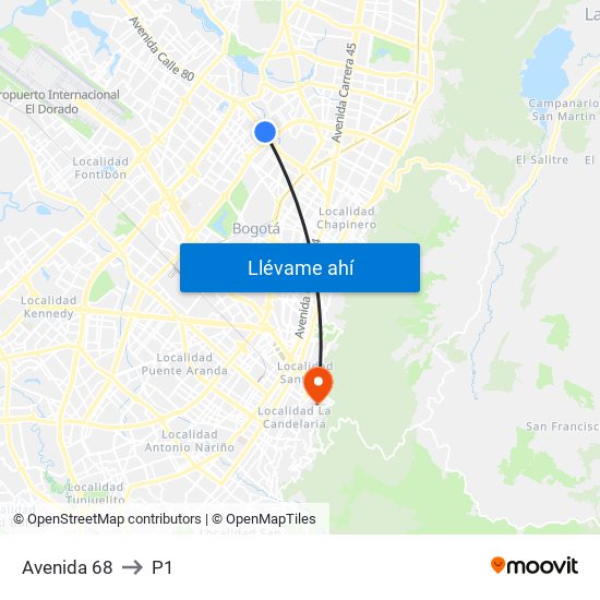 Avenida 68 to P1 map
