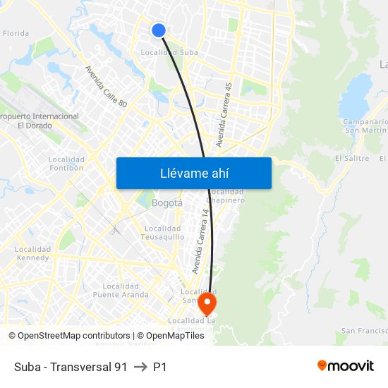 Suba - Transversal 91 to P1 map