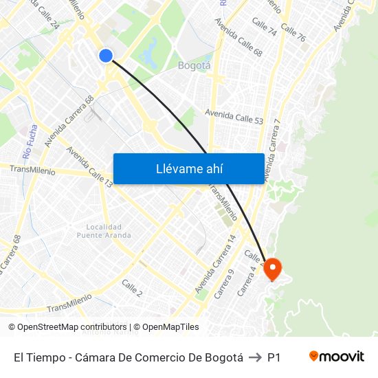 El Tiempo - Cámara De Comercio De Bogotá to P1 map