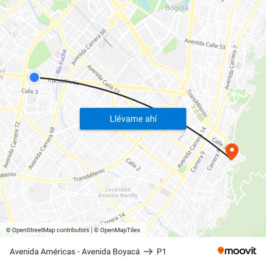 Avenida Américas - Avenida Boyacá to P1 map