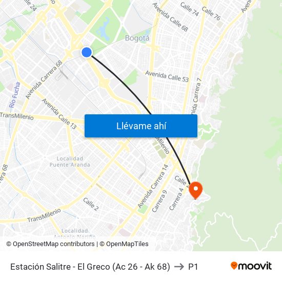 Estación Salitre - El Greco (Ac 26 - Ak 68) to P1 map
