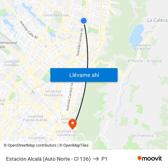 Estación Alcalá (Auto Norte - Cl 136) to P1 map