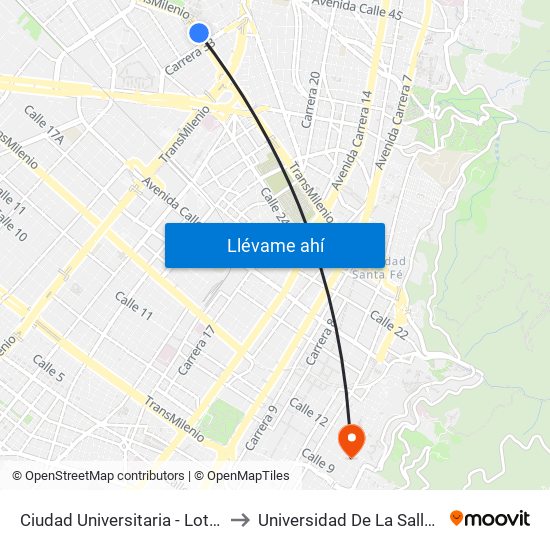 Ciudad Universitaria - Lotería De Bogotá to Universidad De La Salle-Sede Centro map