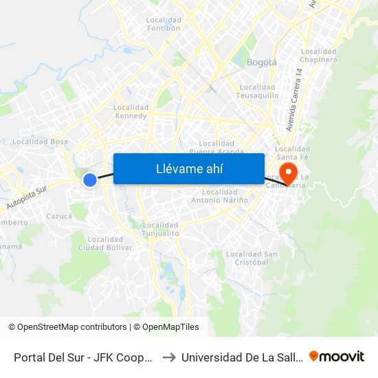 Portal Del Sur - JFK Cooperativa Financiera to Universidad De La Salle-Sede Centro map