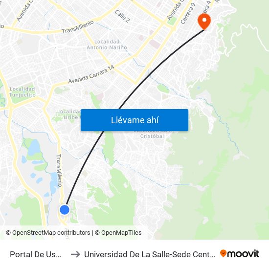 Portal De Usme to Universidad De La Salle-Sede Centro map