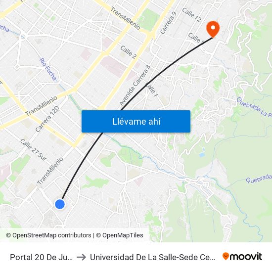 Portal 20 De Julio to Universidad De La Salle-Sede Centro map