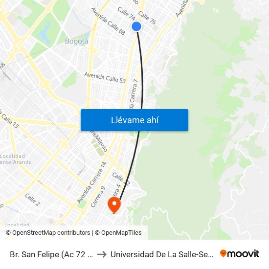 Br. San Felipe (Ac 72 - Kr 17) to Universidad De La Salle-Sede Centro map